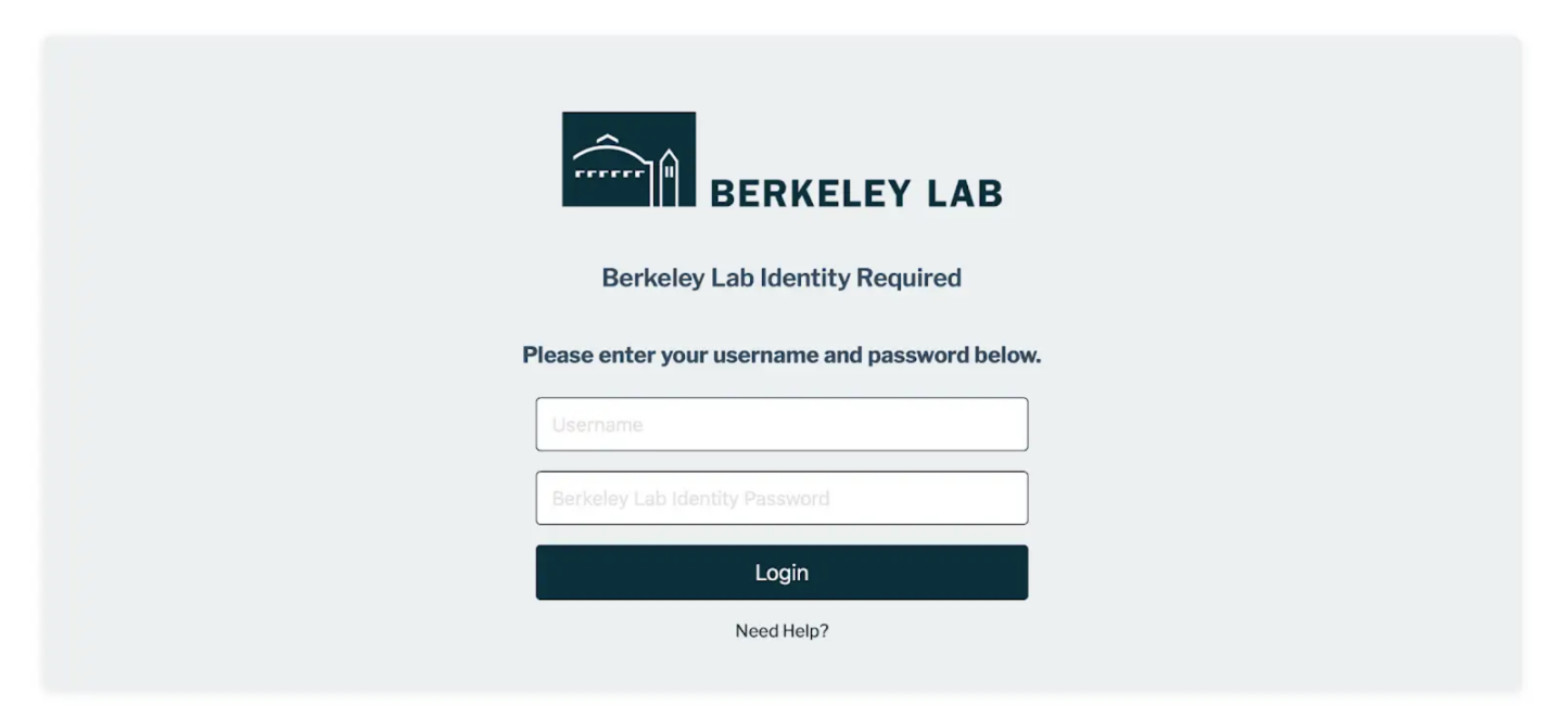 Berkeley Lab logon screen with Lab logo and username and password fields.